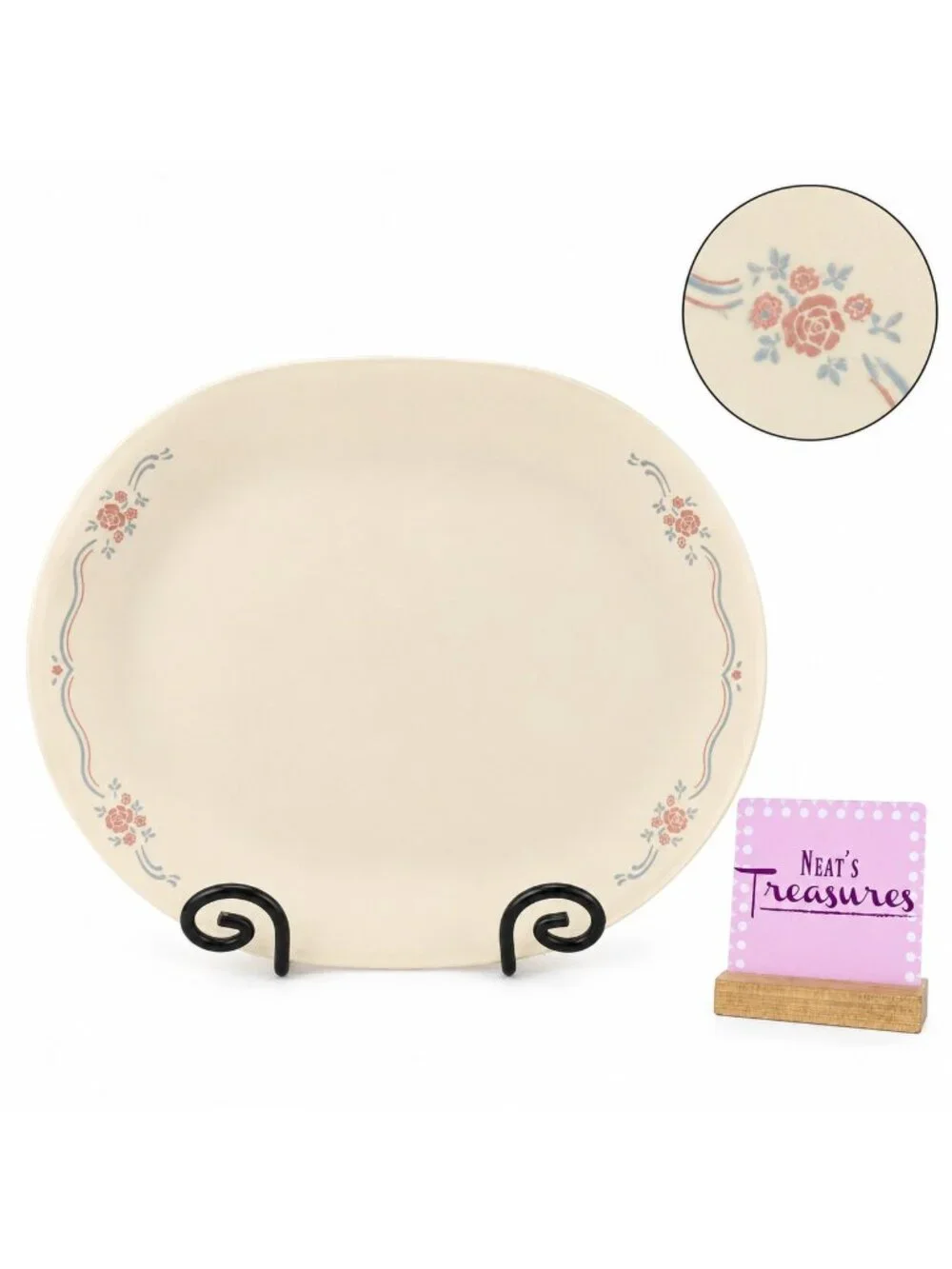 Corelle Corning ENGLISH BREAKFST Sandstone Floral Blue Pink Lines Oval Platter